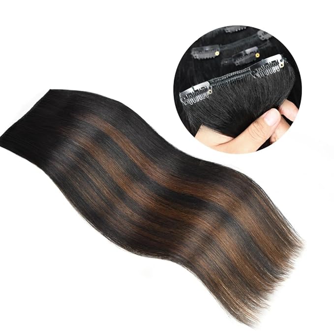 16" Clip in Hair Extensions Remy Human Hair for Women - Silky Straight Balayage Clip on Real Hair Extensions 55grams 4pieces (16inches, #(1BT4) P1B)