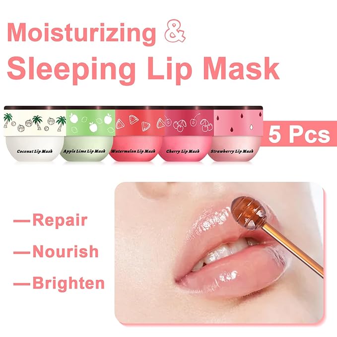 5 Pcs Bee Lip Balm Honey Pot, Honey Strawberry Apple Lip Mask Overnight, Moisturizing Lip Sleeping Mask, Hydrate Repair Prevent Dry Cracked Lip Exfoliator Lip Care