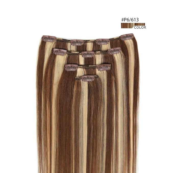 14" Clip in Hair Extensions Remy Human Hair for Women - Silky Straight Real Human Hair hightlight Clip on 50grams 4pieces #6/613 Color