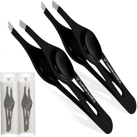 Professional Eyebrow Tweezers Slanted Tip Stainless Steel 2,3xPcs Set, Non-Slip Grip Slant Tip Tweezers for Facial Hair, Plucking Removing Ingrown Hairs, Tweezer for Women Men (Black&Black)