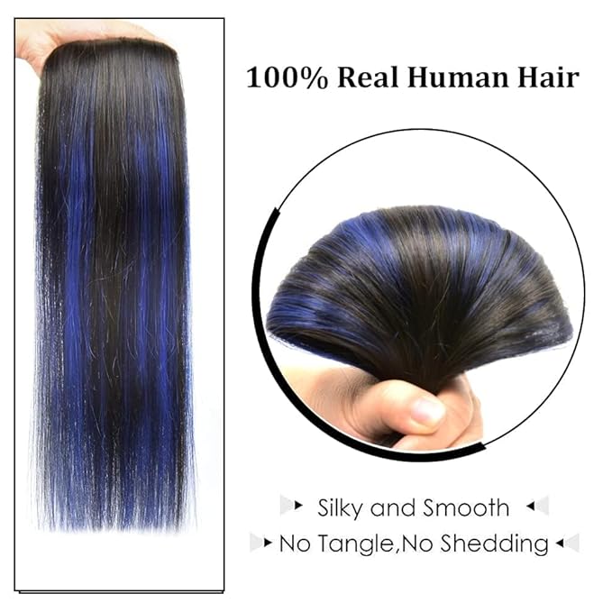 14" Clip in Hair Extensions Remy Human Hair Blue Balayage for Women - Silky Straight 100% Real Human Hair 50grams 4pieces #(1B/Blue) T1B Color