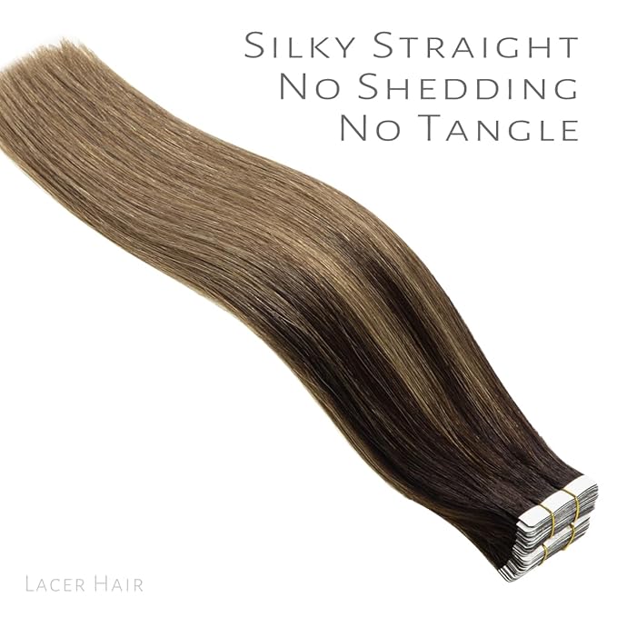Lacer Hair Balayage Natural Tape in Hair Extensions Human Hair Darkest Brown Fading to Medium Brown B#2/6 Silky Straight PU Double Weft Tape ins 16 Inches