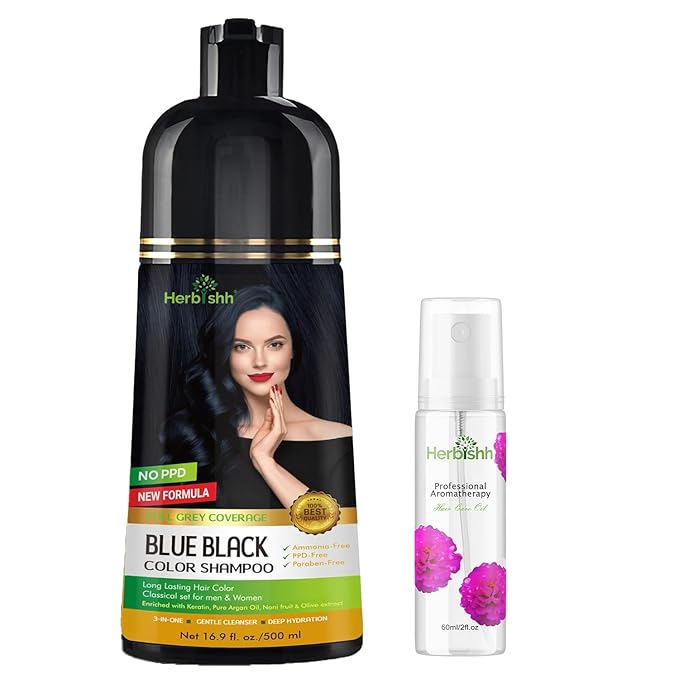 Herbishh Blue Black Hair Color Shampoo - 3-In-1 Magic Dye for Gray Hair 500 Ml + Essential Flower Hair Oil - Organic Formula for Dry, Damaged Hair 60 ML
