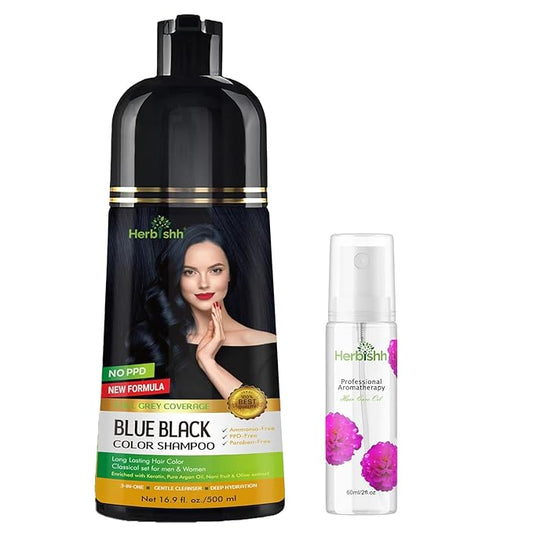 Herbishh Blue Black Hair Color Shampoo - 3-In-1 Magic Dye for Gray Hair 500 Ml + Essential Flower Hair Oil - Organic Formula for Dry, Damaged Hair 60 ML