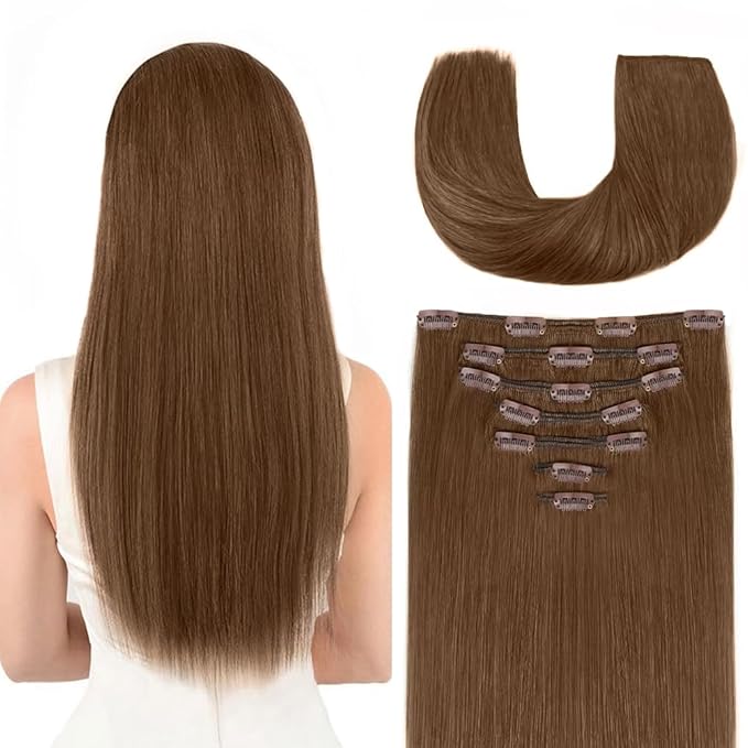 12 Inch Clip-in Hair Extensions Remy Human Hair for Women - Soft Handmade Real Human Hair Clip in Extensions, Straight, Thick, 105g 7pcs Ash Brown Color