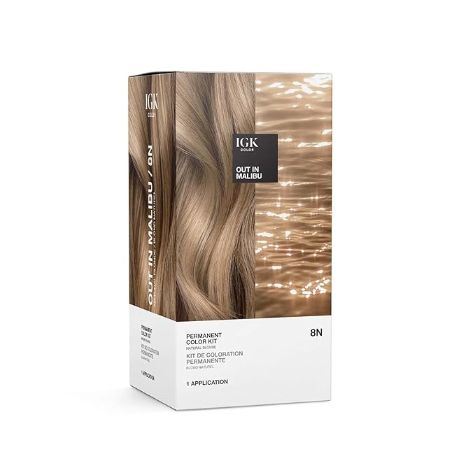 IGK Permanent Hair Dye Color Kit | 8N Out in Malibu - Natural Blonde | 100% Gray Color Coverage + Strengthen + Shine | Ammonia Free