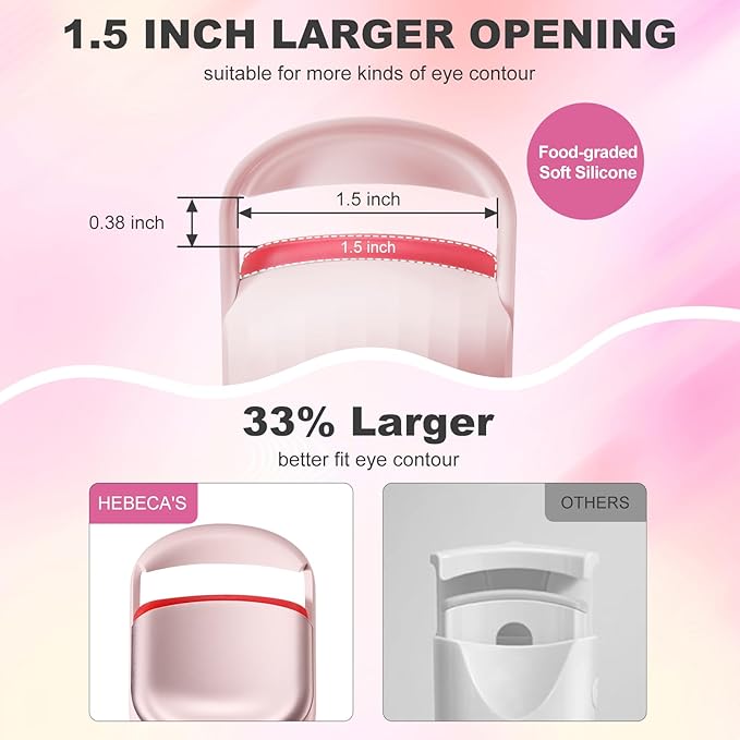 Heated Eyelash Curler, 8s Fast Heat Up, Dual Temperature Modes 149°F /167°F, Rechargeable 600mAh Battery, 24h Long Lasting, 1.5 Inch Wide Safe Silicone Pad Compact Travel Lash Curler Pink