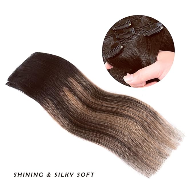16" Clip in Hair Extensions Remy Human Hair Brown Balayage for Women - Silky Straight 100% Real Human Hair 55grams 4pieces #2T(6P2) Color