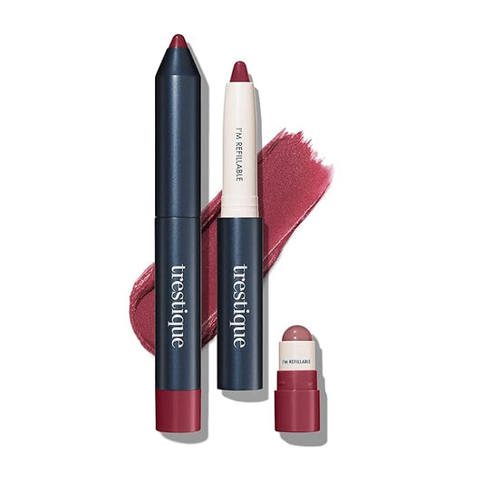 TRE'STIQUE Matte Lip Crayon, Matte Lipstick With Built-in Lip Gloss Balm, 2-in-1 Lip Liner Set With Lip Crayon and Lip Balm, Lipstick and Lip Gloss Kit (Belize Bordeaux Refillable)