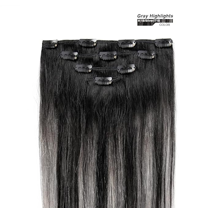 12" Clip in Hair Extensions Remy Human Hair Black Balayage Silver for Women - Silky Straight 100% Real Human Hair 50grams 4pieces #1BT(SilverP1B) Color