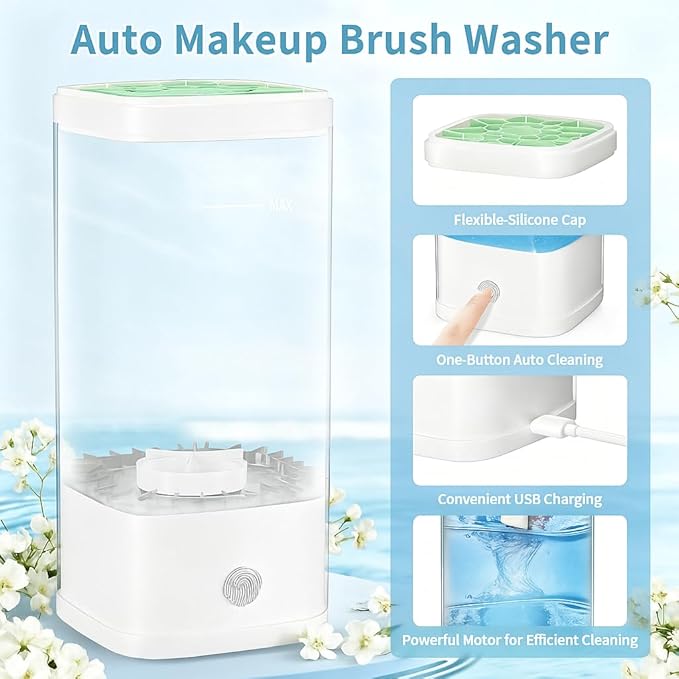 Electric Makeup Brush Cleaner - 9000 RPM Makeup Brush Cleaning Machine with Dry Function - IP65 Waterproof Automatic Makeup Brush Cleaner for Makeup Sponges and Brushes Cosmetic Brush Cleaner Plug-in