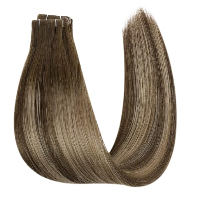 Full Shine Virgin Injection Tape in Hair Extensions Real Human Hair Color 4/27/4 Balayage Tape in Extensions 16 Inch Machine Remy Seamless Human 5Pcs 10Gram Invisible Injected