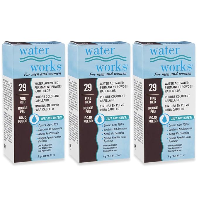 Water Works Hair Color Powder, Fire Red – Permanent Hair Dye for Root Touch-Up & Full Coverage, Vivid Color, Men & Women, 3 Pack