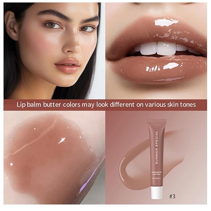 Summer Lip Glossy Butter Balm, Instant Moisture Sheer Tint, Non-Sticky, Conditioning Formula to Soothe & Repair Dry, Chapped Lips, Jelly Lip Stain with Natural Scent (#3Iced Coffee, 1Pc)