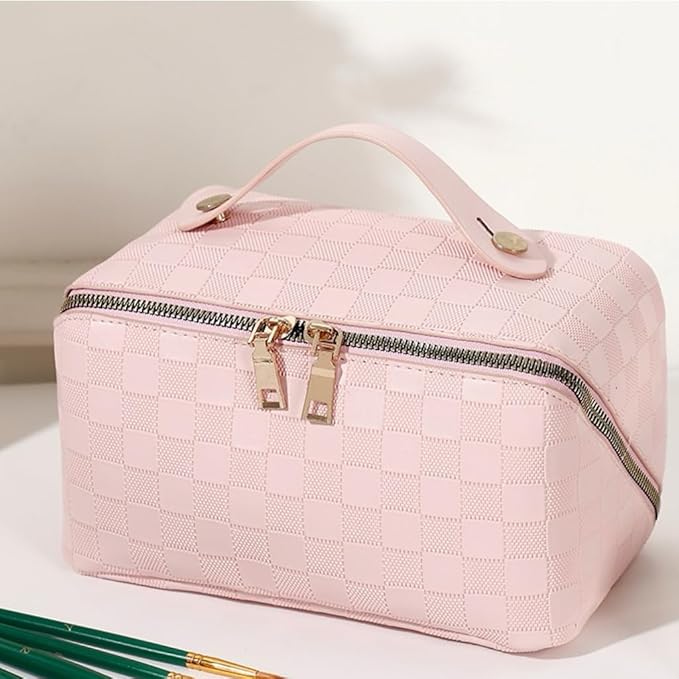 Large Capacity Makeup Bag Portable Travel Cosmetic Bag for Women Girls Gift Makeup Pouch Portable Zipper Bag (Pink Checkered - upgrade)