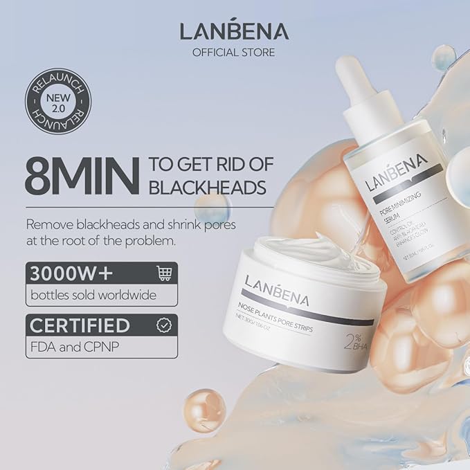 LANBENA 3 in 1 Blackhead Removing Set, Pore Strips 30g+Pore Serum 30ml+Removal Strip Paper, Black Head Remover Mask for Face, Pore Minimizer & Reducer for Face, Leaving Your Skin Fresh and Clean