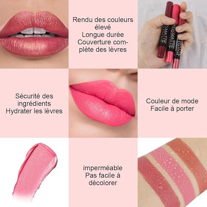 Generic Deep Dark Red Matte Lipstick and Lip Crayon Liner Pencil Pen Set for Women Lip Stain Long Lasting Waterproof labiales (3, 01# Light Pink Metallic & 04# Pink Matte & 07# Natural Pink Metallic)