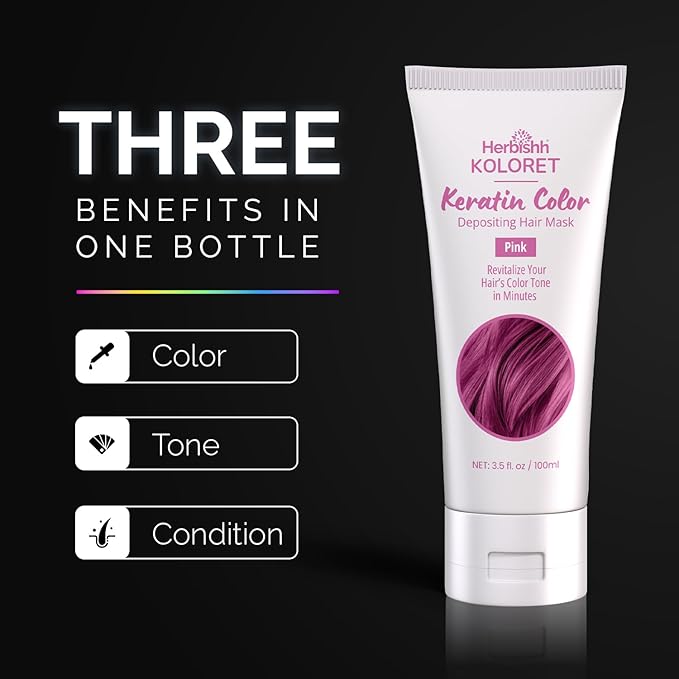 Herbishh Koloret Keratin Color Depositing Mask - 2-in-1 Deep Conditioner for Vibrant Refreshed Hair, Ideal for Dry Damaged Types, Salon-Worthy Shine at Home, Pink, 3.5 fl.oz