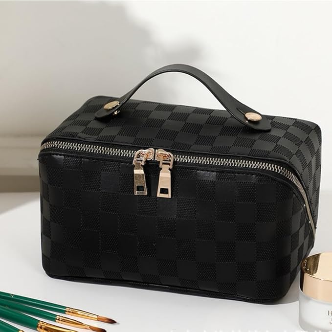 Large Capacity Makeup Bag Portable Travel Cosmetic Bag for Women Girls Gift Makeup Pouch Portable Zipper Bag (Black Checkered - upgrade)