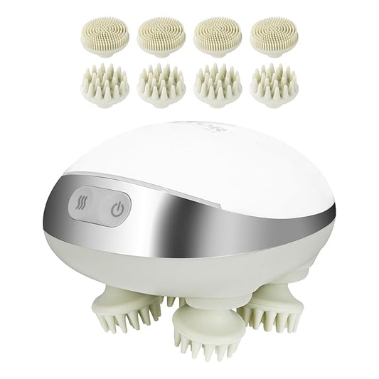 VEVOR Electric Scalp Massager with Heat, Rechargeable Heated Head Massager, IPX7 Waterproof | Portable Kneading Scalp Scratcher with 8 Removable Massage Head for Hair Growth, Deep Clean, Stress Relax