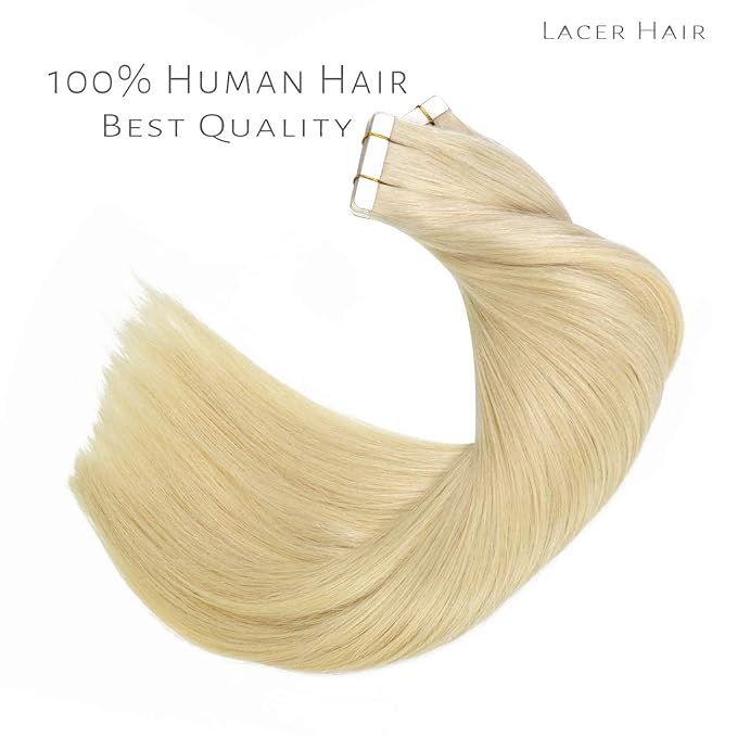 Lacer Remy Hair Extensions Tape in Human Hair 20 Inch Natural Tape in Human Hair Extensions PU Skin Weft Color 60 Platinum Blonde Double Side 50g 20pcs/set