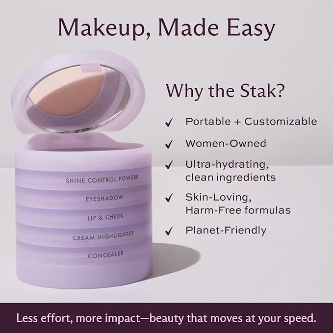 Subtl Staks 4-in-1 Travel Makeup Kit by Subtl Beauty - Eyeshadow Duo, Shine Control Powder, Cream Highlighter, Lip and Cheek - Includes Mirror Lid and Mini Brush - Stackable Makeup Designed for Travel
