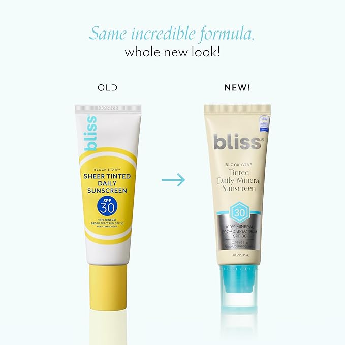 Bliss Block Star SPF 30 Daily Tinted Mineral Sunscreen with Zinc Oxide - All Skin Tones - 100% Mineral Broad Spectrum Sunscreen with Titanium Dioxide & Antioxidant Blend- 1.4 fl oz.