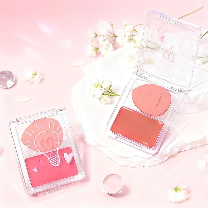 Gloss Glow Blush Palette for Cheeks and Lips, Natural Shimmer Dewy Glow Face Highlighter Nude Cream Blush Gloss Skin, Lightweight Blendable Multiuse Face Lip Makeup Palette 02Pink