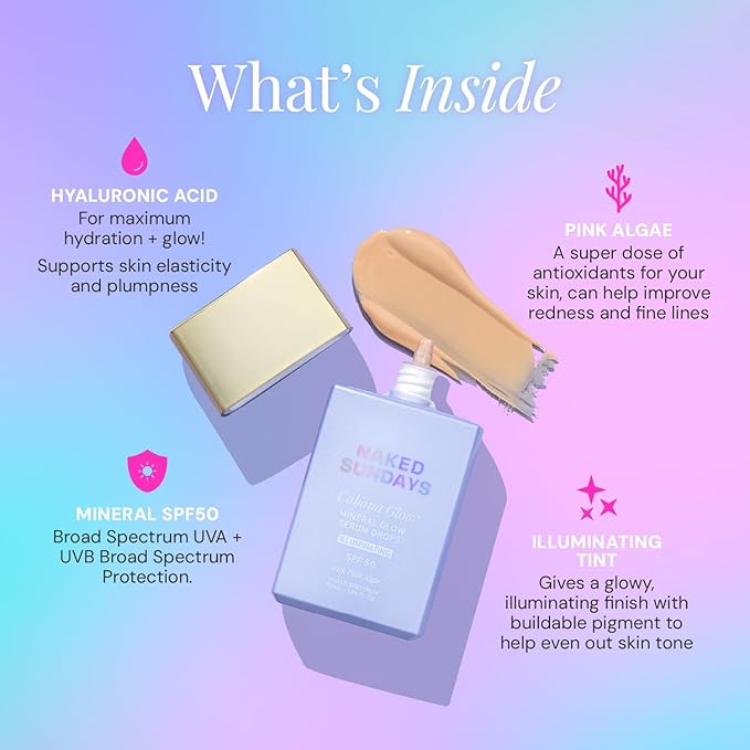 Naked Sundays CabanaGlow™ Illuminating Tint Mineral Serum Drops SPF 50 – Hydrating, Brightening, Zinc Oxide Daily Facial Sunscreen with Skin-Perfecting Pigments