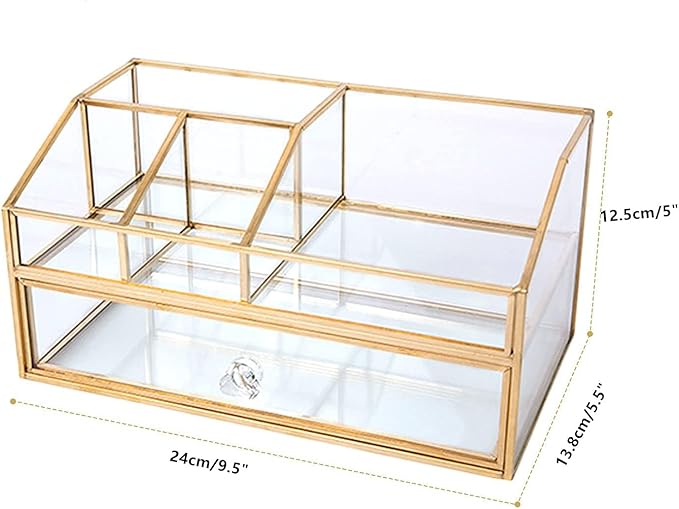 Glass Makeup Brush Holder, Makeup Brush Organizer Jewelry Display Box, Nordic Style Elegant Glass Makeup Organizer Nail Polish Lipsticks Eyeliners Holder for Vanity Bathroom Bedroom Office