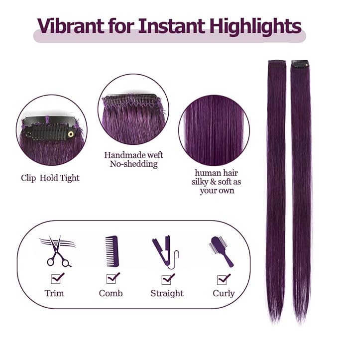 Winsky Purple Clip in Hair Extensions - 100% Real Human Hair Colored Girls Halloween Hair Pieces 5 Pieces/Set (18inch,Purple)