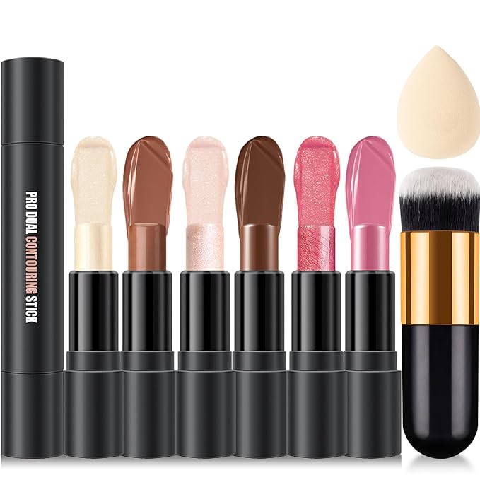 6 Colors Cream Contour Stick Makeup Kit,Shades with Highlighter,Blush,Bronzer Contour Stick for Sculpt the Cheeks,Long Lasting,Waterproof,Matte & Dewy Finish for Woman (SET A)