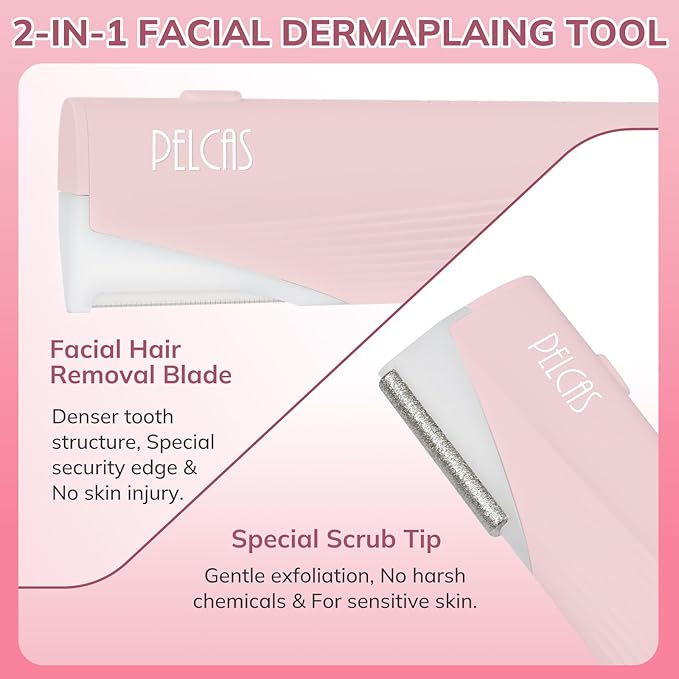 PELCAS Electric Dermaplaning Tool Kit for Women Face with LED Light, Facial Mini Dermaplaning Razor with 6 Blades, 3 Speeds 2 in 1 Facial Peach Fuzz Hair & Exfoliation Removal System at Home BV18-712