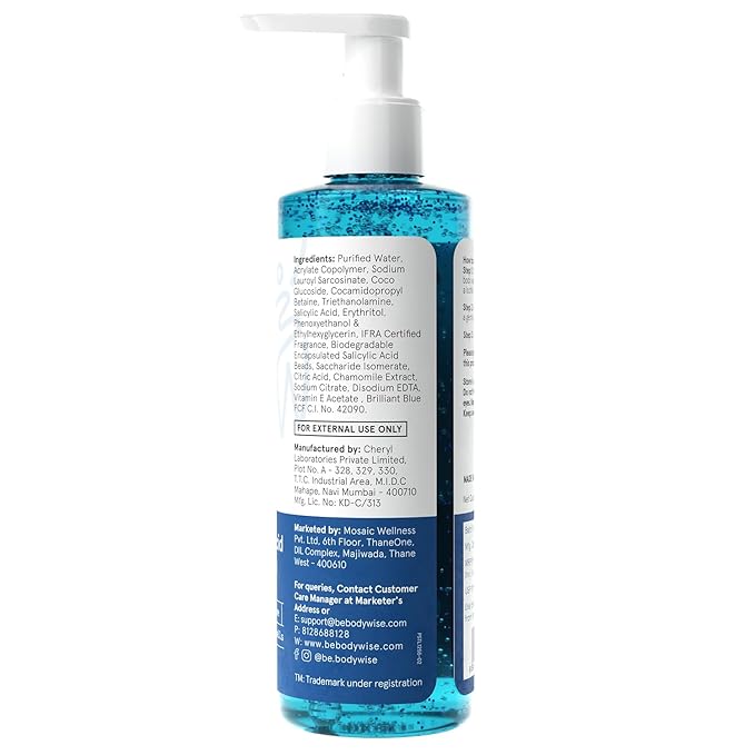 Bodywise Be Body Wash. Prevents Body Acne, Strawberry Skin. Has 1% Salicylic Acid. Deep Moisture, Fresh Scent. Paraben Free, Suphate Free. 8.45 Fl Oz