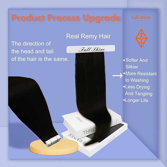 Full Shine Black Tape in Hair Extensions Human Hair Remy Seamless Human Hair Tape Extensions 26Inch Double Sided Tape ins Human Hair Extensions for Women Straight Black Hair Extension 50G 20Pcs