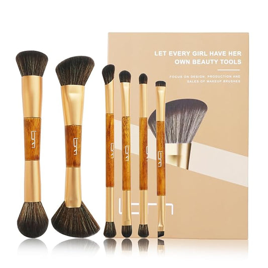 6Pcs Duo End Makeup Brushes, Double-ended Multi-functional Synthetic Cosmetic Tools Makeup Brushes(Brown)