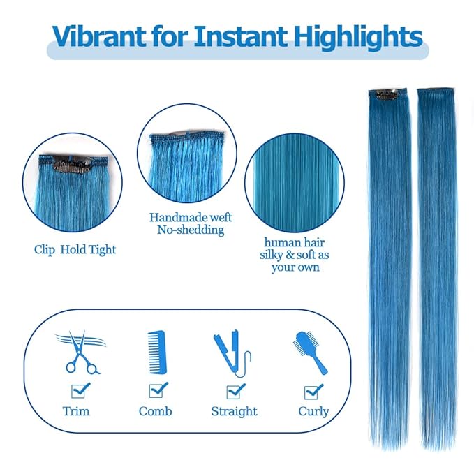 Winsky Deep-sea Blue Hair Extensions Girls Clip in Human Hair - 100% Straight Party Highlights Clip on Colored Hair Extensions 5 Pieces/Set (18inch,Deep-sea Blue)
