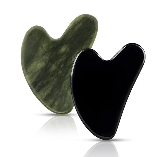 Gua Sha Facial Tools 2 Pack, Natural Jade Guasha Tool for Face,Double Chin & Jawline, Gua Sha Stone Self-Skin Care Face Stone Gua Sha tools for Women Guasha Stone, Black and Green