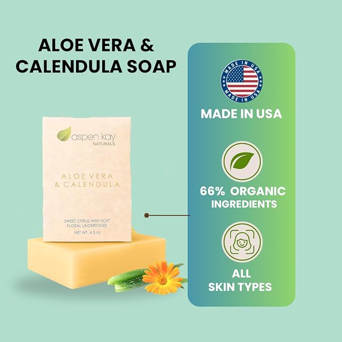 Aloe Vera & Calendula Soap, Natural & Organic Ingredients, Organic Aloe Vera, Calendula & Turmeric Soap. Use for Face & Body. for Men, Women & Teens. Gentle Face Wash. (3 pack)