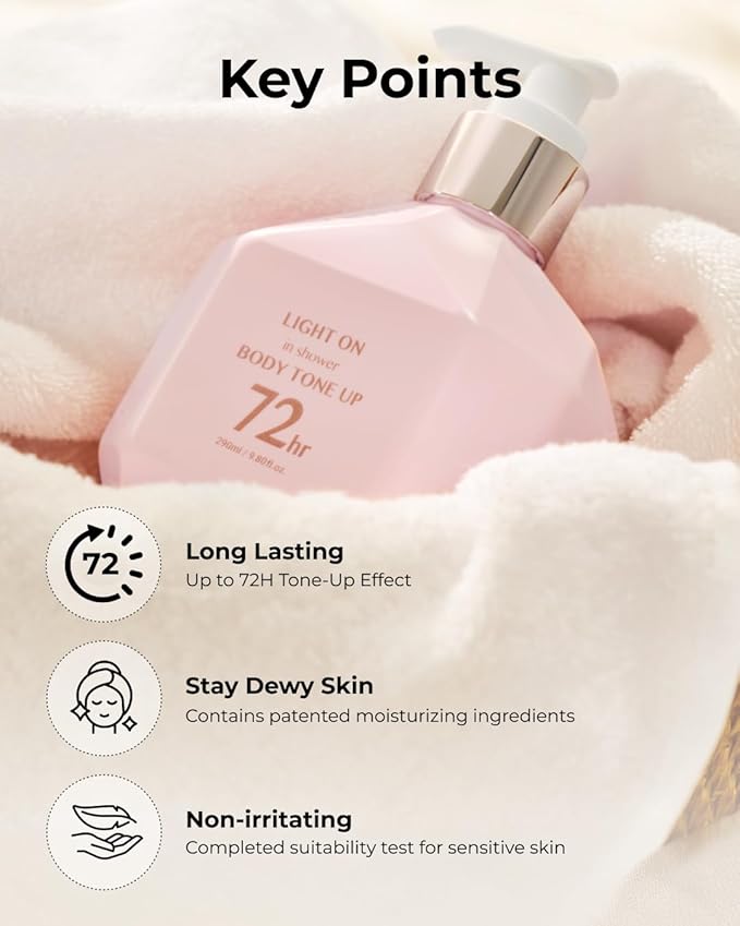 BOM Light On In Shower Body Tone Up Lotion 9.80 fl.oz, Lightweight Non-Greasy Moisturizer, Peach, Milk Protein, Rose, Yogurt Extracts, Long Lasting Body Shower Lotion, Hypoallergenic Korean Skincare