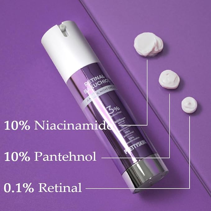 PRETTYSKIN Retinal Bakuchiol At-home Night Cream Moisturizer for Face | Helps to reduce Wrinkles & Fine lines, Elasticity, Tone-up, Anti-aging, Centella Asiatica Extract 30%, Retinal 1,000 ppm (50g)