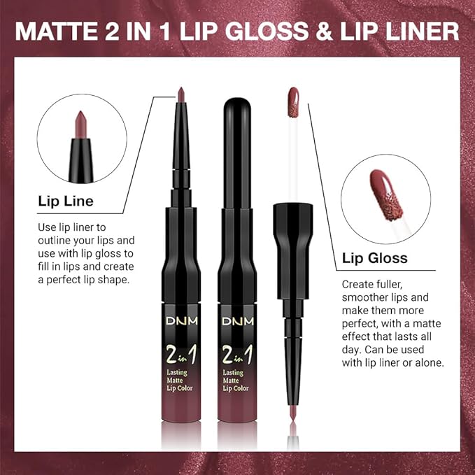 1Pcs 2 in 1 Red Brown Matte Lip Liner and Liquid Lipstick Stain Makeup Set for women, Red Brown Long Lasting Smudge Proof Lip Tint Matte Finish Lip Gloss for All-Day Color Hold Easy to Use 57#