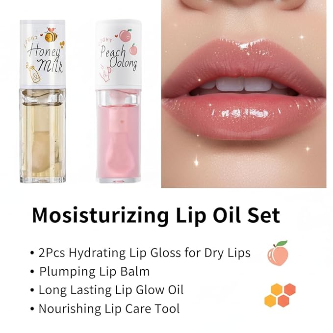 Crystal Jelly Moisturizing Lip Oil 2Pcs Hydrating Lip Gloss Set Plumping Lip Oil Balm Long Lasting Glow Oil Lip Care Tools