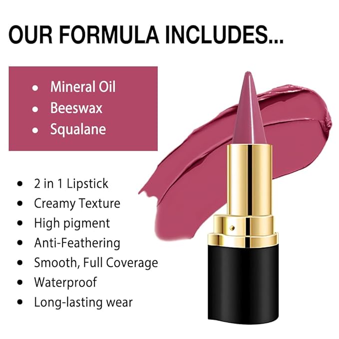 Kaely Plum Rose Gradient Matte Lipstick Lip Liner Pencil for Women, 2in1 Flawless Contour Gradual Ombre Effect Lip Pencil Makeup Waterproof, labiales mate 24 horas originales, 12