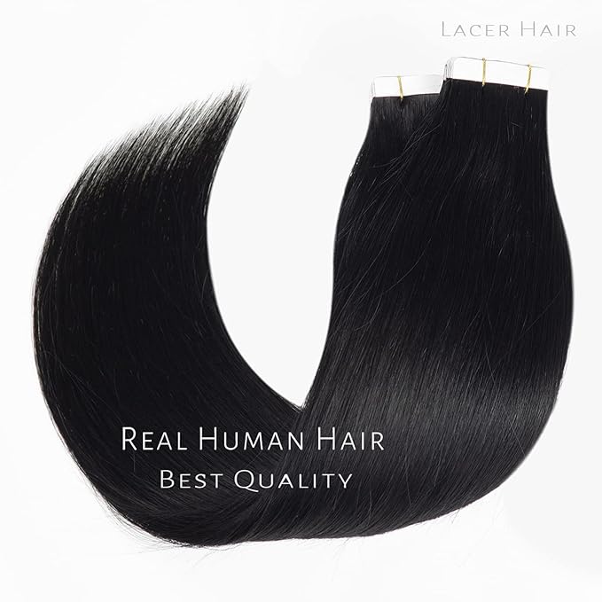 Lacer Hair Semi-permanent Real Remy Human Tape on Hair Extensions 50g 20pcs Tape Attached Skin Weft Invisible Seamless Reusable Jet Black Color #1 22 Inch