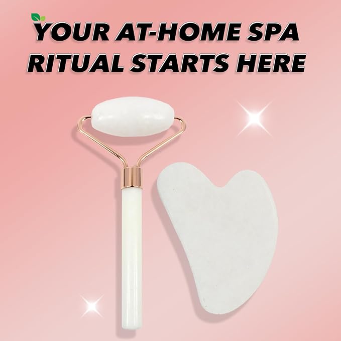 Earth & I White Jade Roller & Face Guasha Set 2pc, at Home Spa Essentials, Women Self Care, Face Tool for Lymphatic Drainage, Gua Sha Roller, Gusha, Facial Gua Sha Tool, Spa Accessories for Women