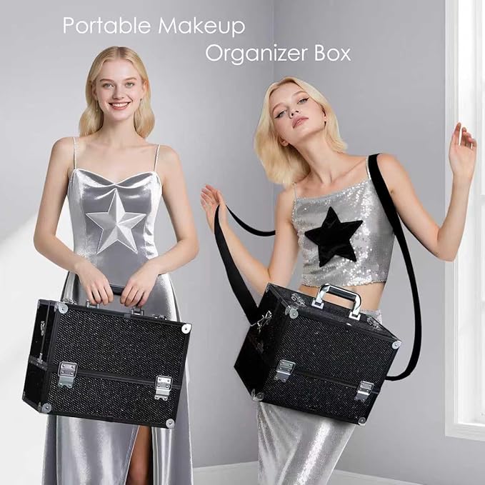 Joligrace Makeup Train Case Large 6 Tray Professional Organizer Box - Cosmetic Make Up Carrier with Lock & Key Carrying Strap for Studio Artist & Stylist Black Rhinestone