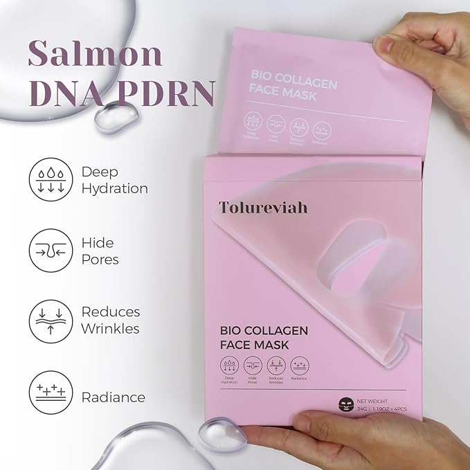 Salmon DNA PDRN Bio Collagen Sheet Mask – Hydrating & Brightening Face Mask with Niacinamide & Hyaluronic Acid for Radiant Glass Skin Glow, 34g Essence, 4 Pack