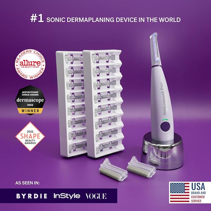 Michael Todd Beauty Sonicsmooth Pro+ Dermaplane Razor for Women Face + Eyebrow trimmer Dermaplaning System w/LED Light Peach Fuzz Remover -16 Dermaplaning Blades & 2 Microsmooth Exfoliation Tips