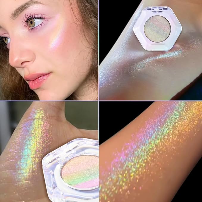 Chameleon Face Highlighter Palette, Multichrome Eyeshadow Shimmer Pigmented Powder, Holographic Sparkle Rainbow Highlighter(Rainbow)